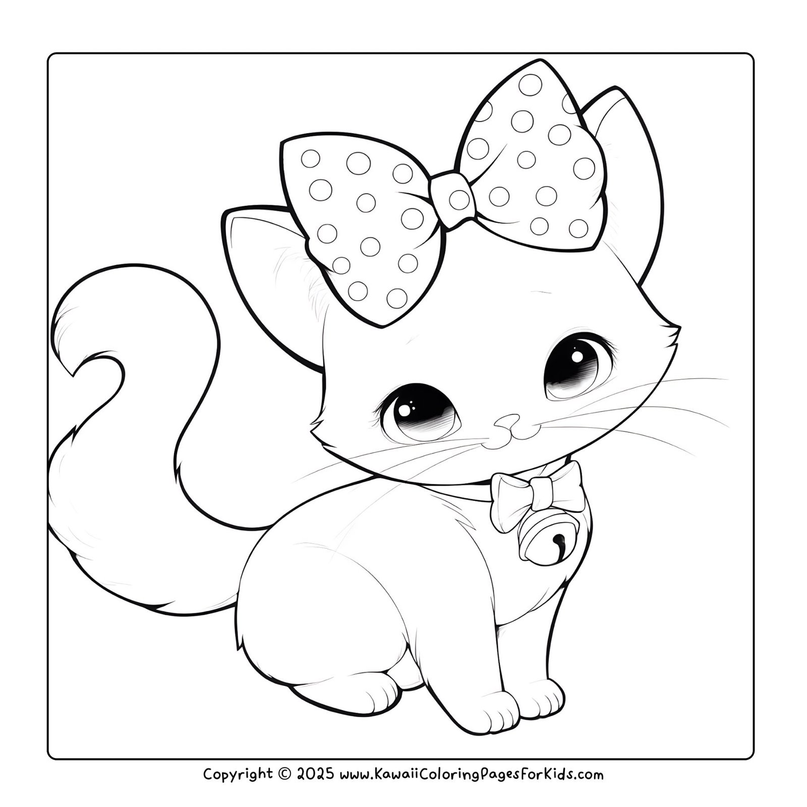 Free printable cat coloring page – kawaii kitten with a big bow, adorable simple PDF coloring sheet for kids.