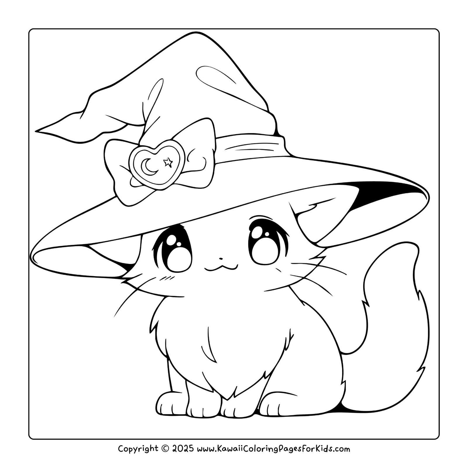 Cute kitten wearing a witch hat with ribbon and moon, Halloween cat coloring page free printable PDF.