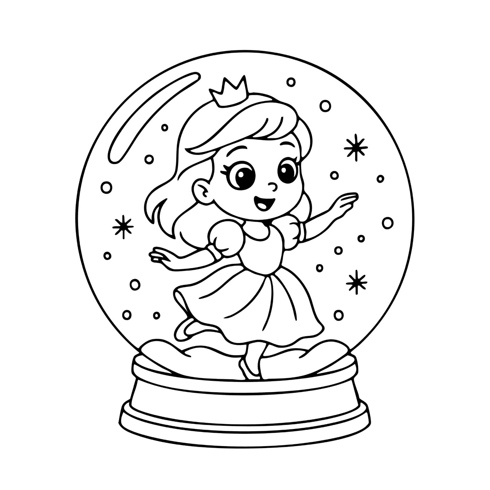 Cute printable coloring sheet of a princess inside a magical snow globe with sparkles.