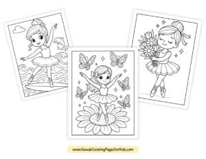 Three black-and-white coloring pages featuring cute ballerina girls: one surfing, one dancing among butterflies on a flower, and one holding a bouquet. All have a cheerful, cartoon style.