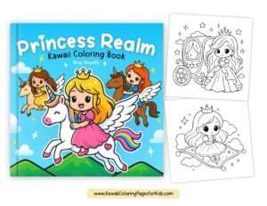 A colorful Princess Realm kawaii coloring book cover shows a blonde princess riding a white unicorn with two princesses on winged horses. Next to it are two black-and-white coloring pages of princesses and a royal carriage.