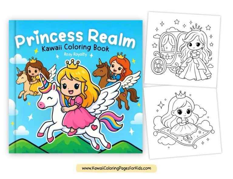A colorful Princess Realm kawaii coloring book cover shows a blonde princess riding a white unicorn with two princesses on winged horses. Next to it are two black-and-white coloring pages of princesses and a royal carriage.