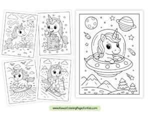 Five black-and-white unicorn coloring pages for kids: a unicorn with a kite, eating cake, in a UFO in space, surfing, and skiing. Website www.KawaiiColoringPagesForKids.com at the bottom.