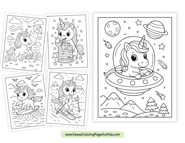 Five black-and-white unicorn coloring pages for kids: a unicorn with a kite, eating cake, in a UFO in space, surfing, and skiing. Website www.KawaiiColoringPagesForKids.com at the bottom.