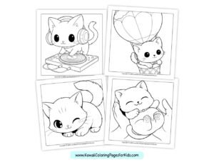 Four black-and-white coloring pages featuring cute kittens: one wearing headphones and using a DJ turntable, one flying in a hot air balloon, one winking, and one being gently held in a pair of hands.