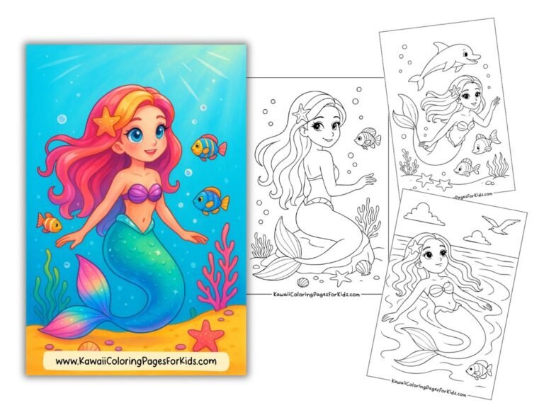 A colorful illustration of a smiling mermaid with flowing red hair, surrounded by fish and underwater plants, next to three black-and-white mermaid coloring pages showing similar underwater scenes.