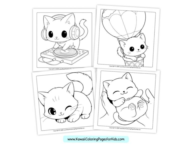 Four black-and-white coloring pages featuring cute kittens: one wearing headphones and using a DJ turntable, one flying in a hot air balloon, one winking, and one being gently held in a pair of hands.
