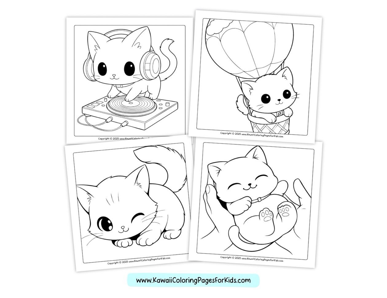 Four black-and-white coloring pages featuring cute kittens: one wearing headphones and using a DJ turntable, one flying in a hot air balloon, one winking, and one being gently held in a pair of hands.
