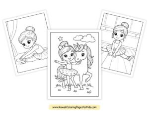 Three black and white coloring pages: two show a ballerina stretching and sitting on a dance floor, and the center features a smiling ballerina with a unicorn.