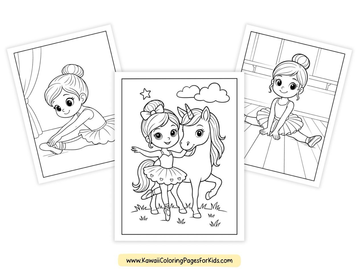 Three black and white coloring pages: two show a ballerina stretching and sitting on a dance floor, and the center features a smiling ballerina with a unicorn.