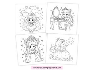Four kawaii-style coloring pages featuring princesses: one holding heart balloons, one sitting at a vanity, one sitting on a throne, and one blowing heart-shaped kisses. The pages are outlined in black and white.