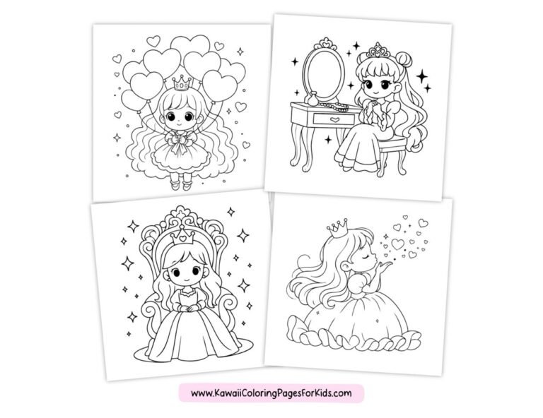 Four kawaii-style coloring pages featuring princesses: one holding heart balloons, one sitting at a vanity, one sitting on a throne, and one blowing heart-shaped kisses. The pages are outlined in black and white.