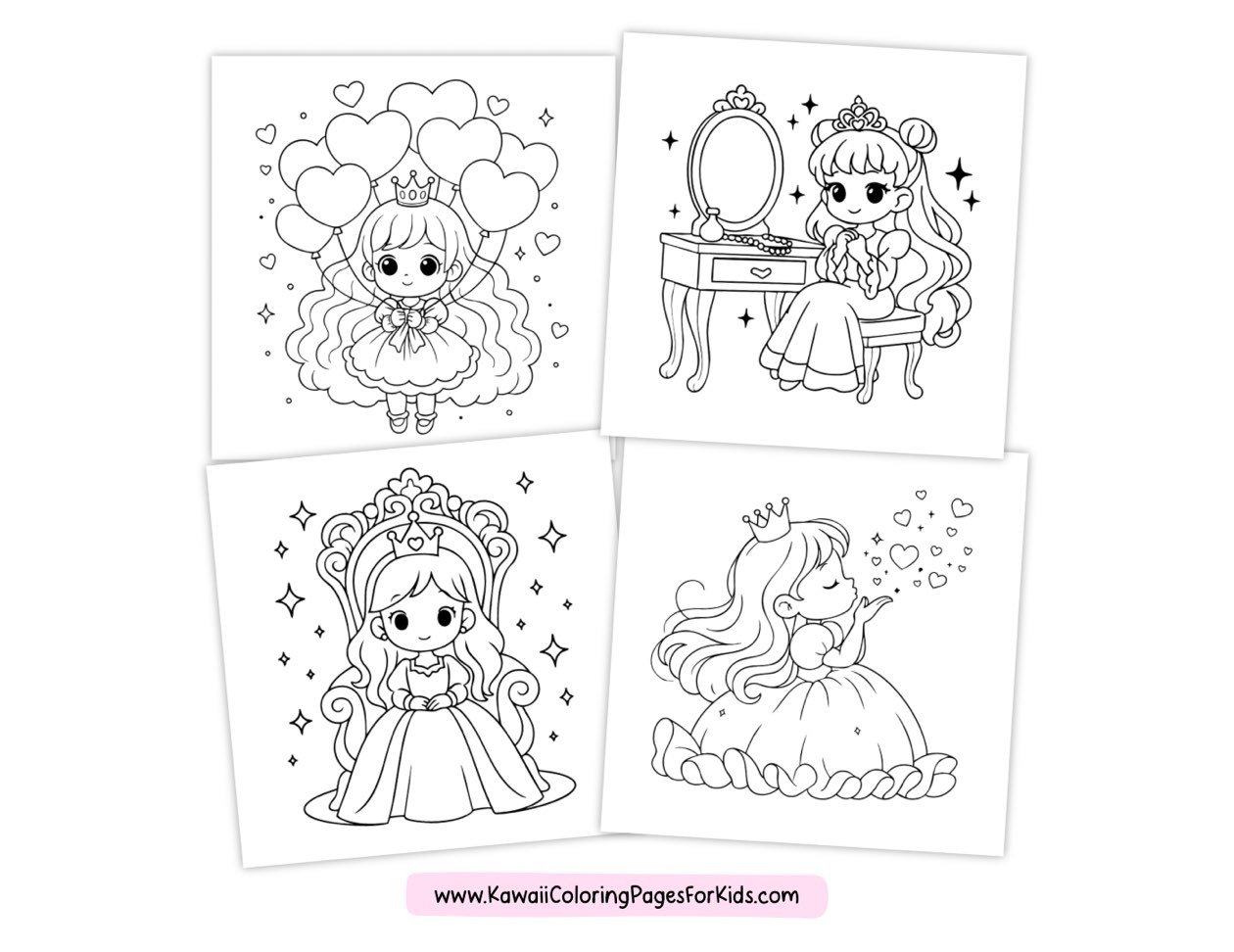 Four kawaii-style coloring pages featuring princesses: one holding heart balloons, one sitting at a vanity, one sitting on a throne, and one blowing heart-shaped kisses. The pages are outlined in black and white.