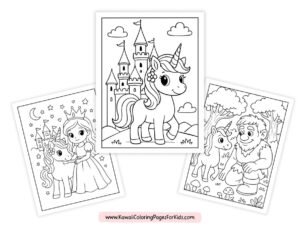 Three coloring pages: a unicorn and princess by a castle, a unicorn in front of a castle, and a unicorn with a bearded man in a forest. All images are in a cute cartoon style.