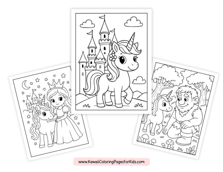 Three coloring pages: a unicorn and princess by a castle, a unicorn in front of a castle, and a unicorn with a bearded man in a forest. All images are in a cute cartoon style.