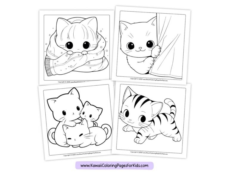 Four cute, cartoon-style kitten coloring pages: one kitten in a scarf, one peeking from behind a curtain, one with two kittens cuddling, and one playful striped kitten. All images are outlined for coloring.