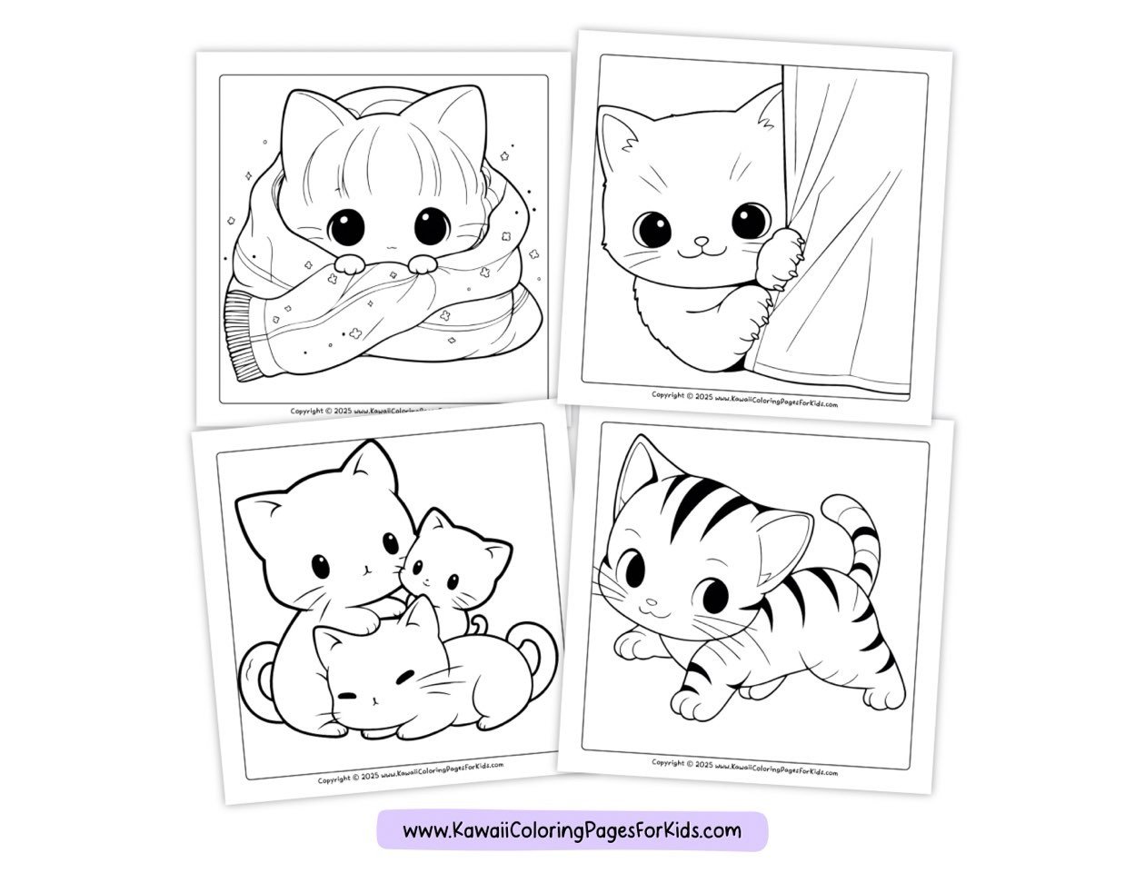 Four cute, cartoon-style kitten coloring pages: one kitten in a scarf, one peeking from behind a curtain, one with two kittens cuddling, and one playful striped kitten. All images are outlined for coloring.