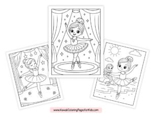 Three cute ballerina coloring pages: one ballerina poses on stage, another dances under stage lights, and the third ballerina dances at the beach with a mermaid in the background.