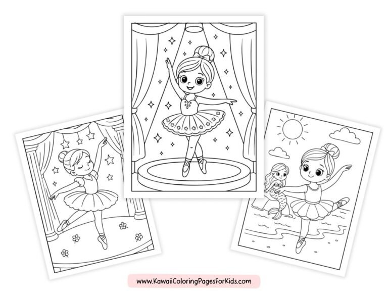 Three cute ballerina coloring pages: one ballerina poses on stage, another dances under stage lights, and the third ballerina dances at the beach with a mermaid in the background.