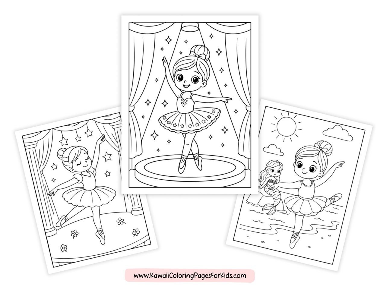 Three cute ballerina coloring pages: one ballerina poses on stage, another dances under stage lights, and the third ballerina dances at the beach with a mermaid in the background.