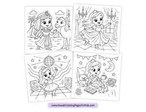 Four cartoon coloring pages featuring a girl: with a camel in a desert, dancing in a ballroom, at a dance party with a disco ball, and relaxing with a teddy bear, book, and mug under the moon.