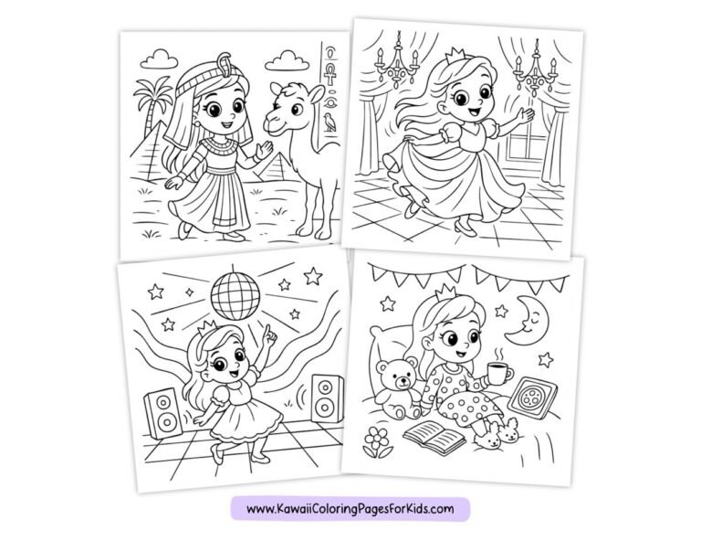 Four cartoon coloring pages featuring a girl: with a camel in a desert, dancing in a ballroom, at a dance party with a disco ball, and relaxing with a teddy bear, book, and mug under the moon.