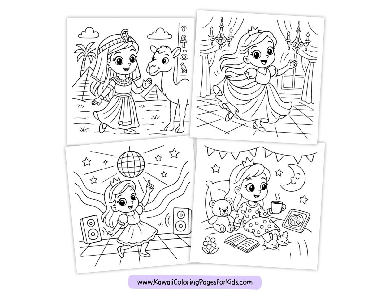 Four cartoon coloring pages featuring a girl: with a camel in a desert, dancing in a ballroom, at a dance party with a disco ball, and relaxing with a teddy bear, book, and mug under the moon.