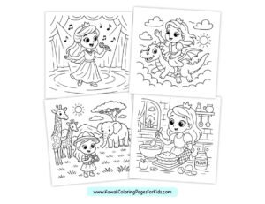 Four coloring pages for kids: a girl singing on stage, a girl riding a dragon, a girl wearing a safari hat with giraffes and an elephant, and a girl in a kitchen mixing ingredients.