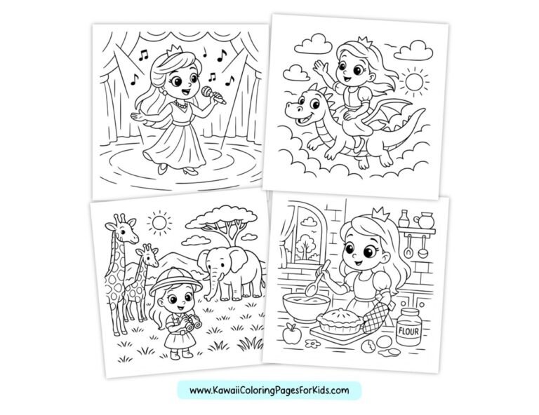 Four coloring pages for kids: a girl singing on stage, a girl riding a dragon, a girl wearing a safari hat with giraffes and an elephant, and a girl in a kitchen mixing ingredients.