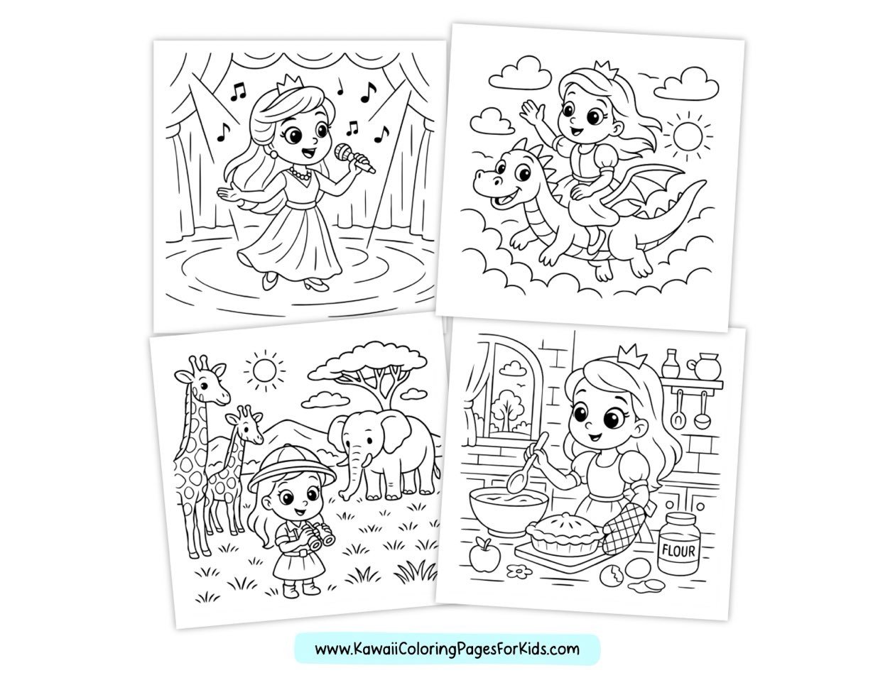 Four coloring pages for kids: a girl singing on stage, a girl riding a dragon, a girl wearing a safari hat with giraffes and an elephant, and a girl in a kitchen mixing ingredients.