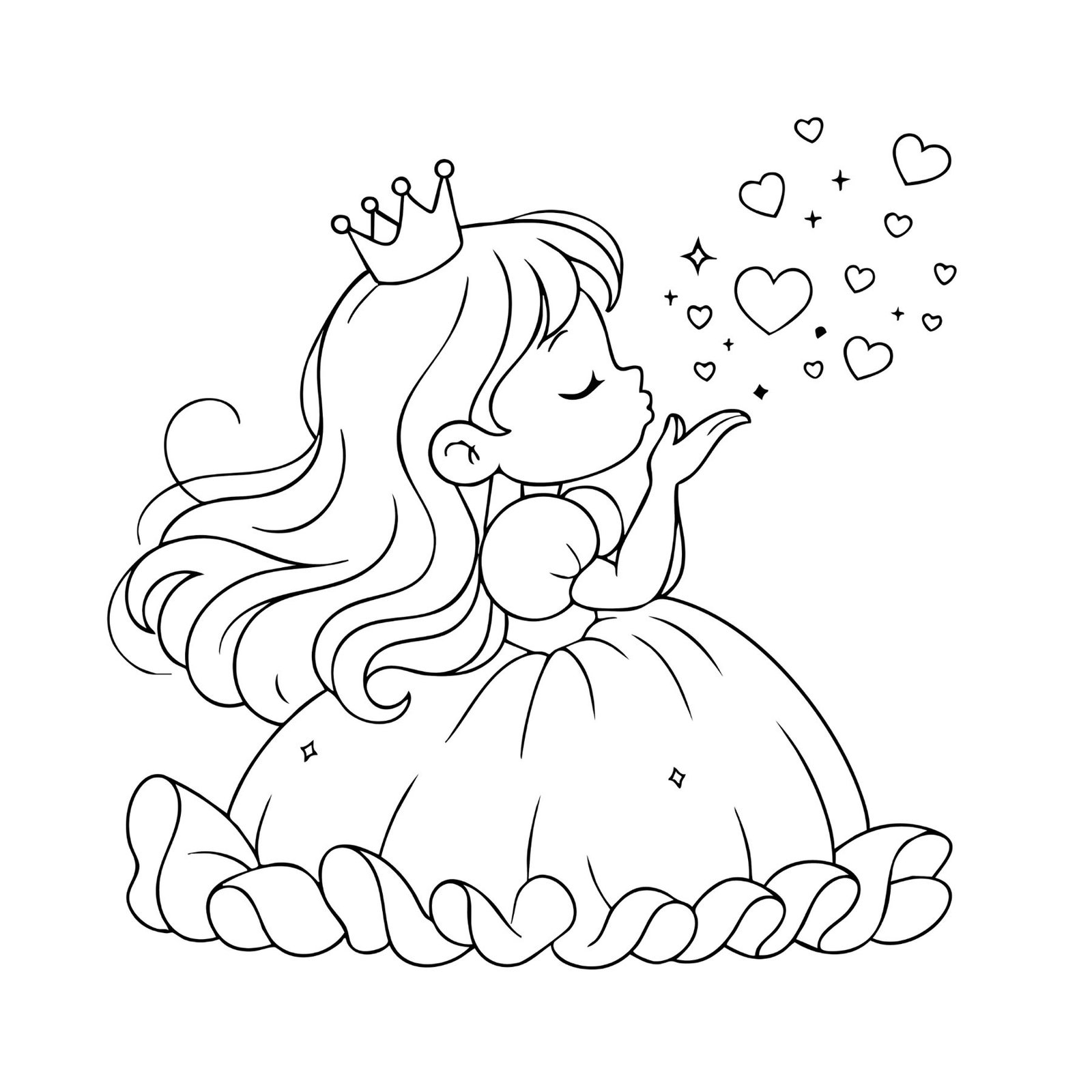 Cute kawaii princess coloring sheet of a girl with a tiara blowing heart-shaped kisses.