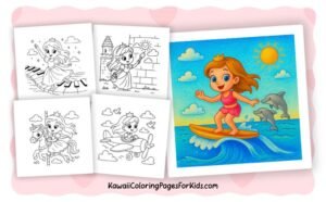 Four princess-themed coloring pages are shown: one playing piano, one by a castle, one riding a horse, and one in an airplane. A colored image shows a princess surfing with dolphins under a sunny sky.
