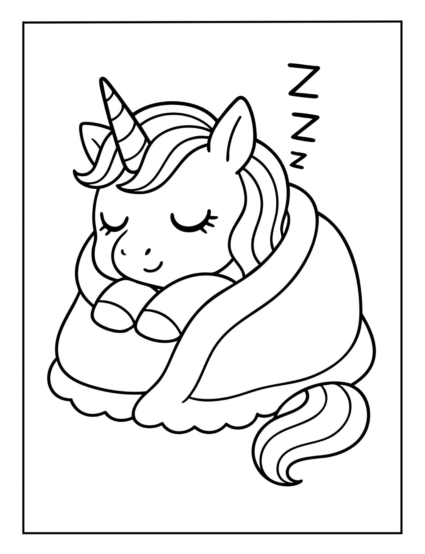 Peaceful unicorn coloring page of a unicorn sleeping under a cozy blanket with ZZZ marks above.
