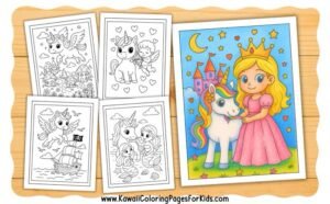 Five coloring pages featuring princesses and unicorns; four are black and white line drawings, and one is fully colored showing a princess in a pink dress with a unicorn, a castle, and stars in the background.