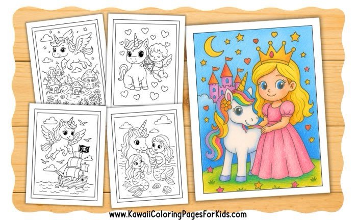 Five coloring pages featuring princesses and unicorns; four are black and white line drawings, and one is fully colored showing a princess in a pink dress with a unicorn, a castle, and stars in the background.