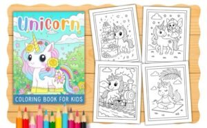 A unicorn coloring book for kids on a wooden table, with four black-and-white unicorn coloring pages and a row of colored pencils at the bottom. The pages show unicorns with a cake, fairy, train, and relaxing.