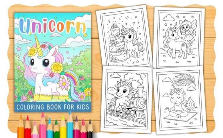 A unicorn coloring book for kids on a wooden table, with four black-and-white unicorn coloring pages and a row of colored pencils at the bottom. The pages show unicorns with a cake, fairy, train, and relaxing.