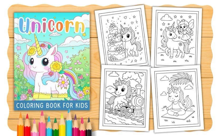 A unicorn coloring book for kids on a wooden table, with four black-and-white unicorn coloring pages and a row of colored pencils at the bottom. The pages show unicorns with a cake, fairy, train, and relaxing.