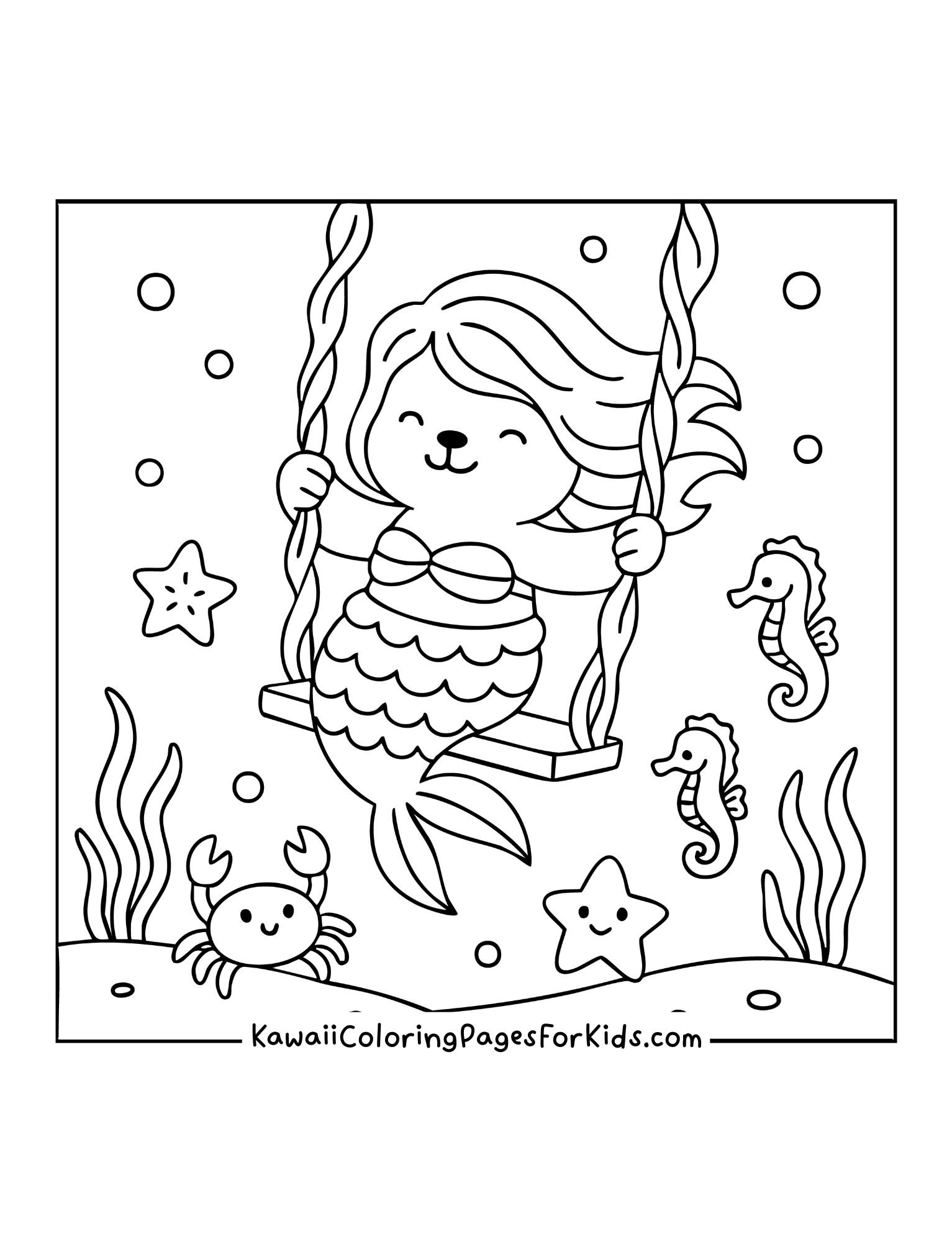 Smiling mermaid bear swinging underwater surrounded by seahorses, crab, starfish, and seaweed.