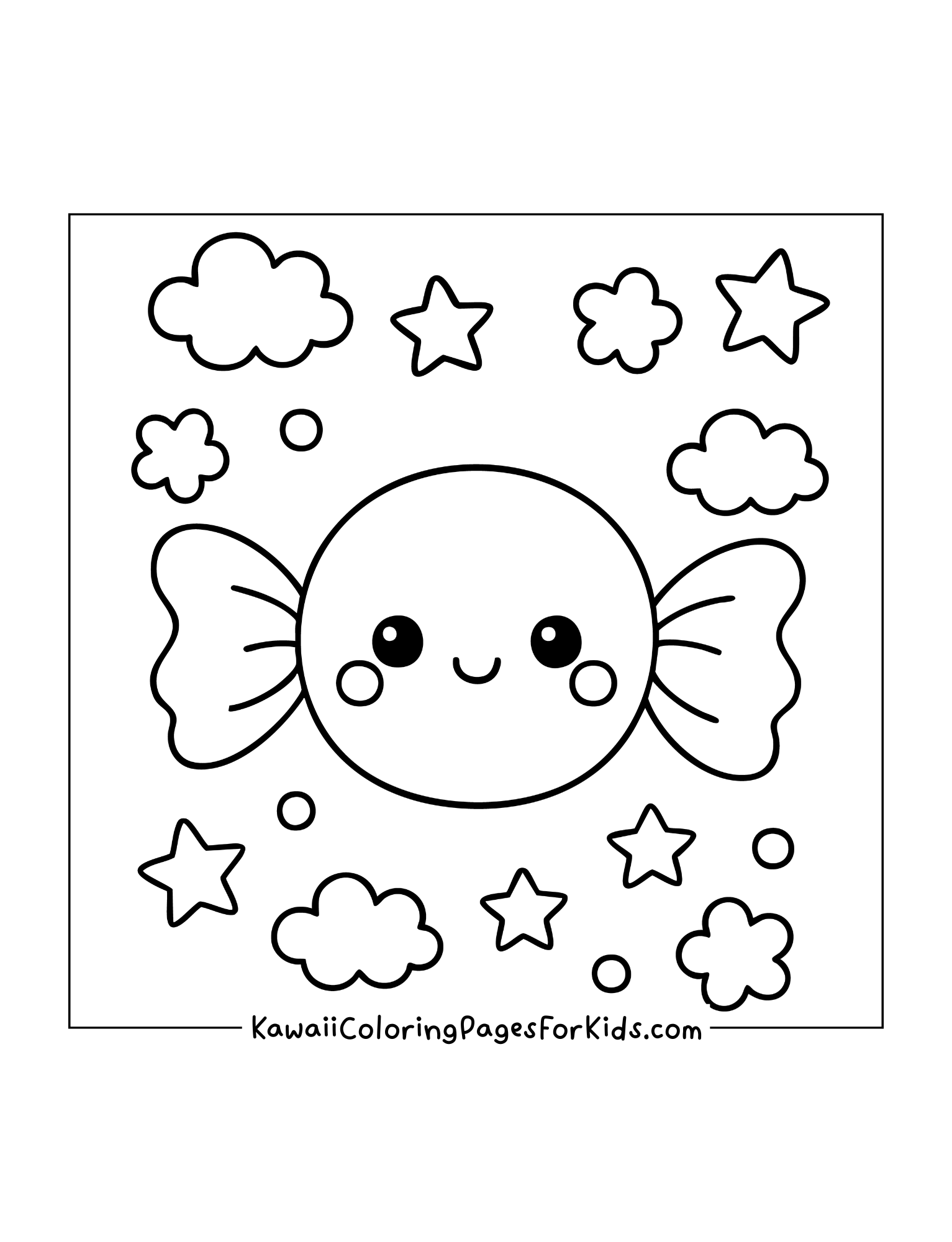 Smiling candy-shaped star surrounded by stars, circles, and fluffy clouds in the night sky.