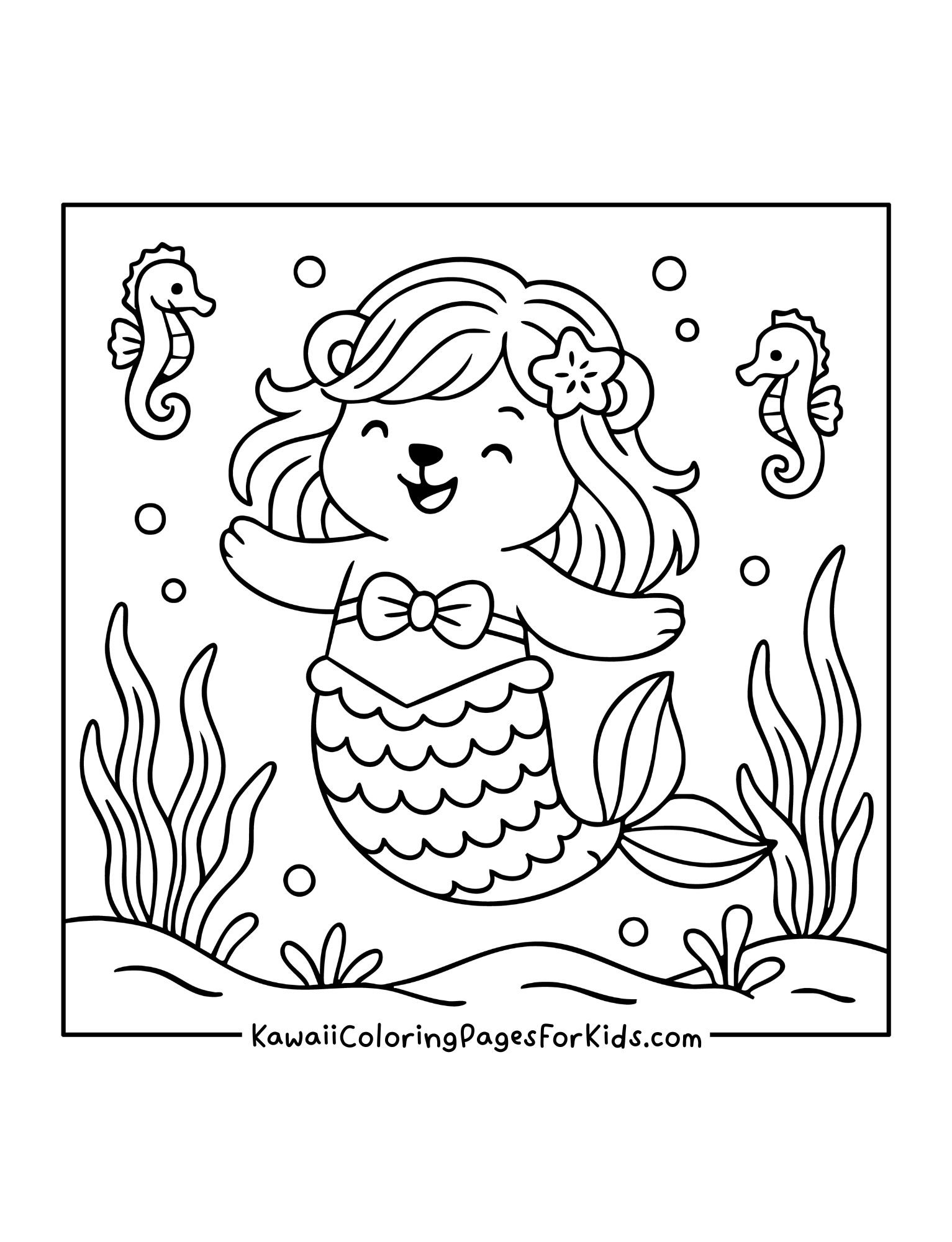 Smiling mermaid bear with flower in hair swimming underwater with two seahorses and seaweed.