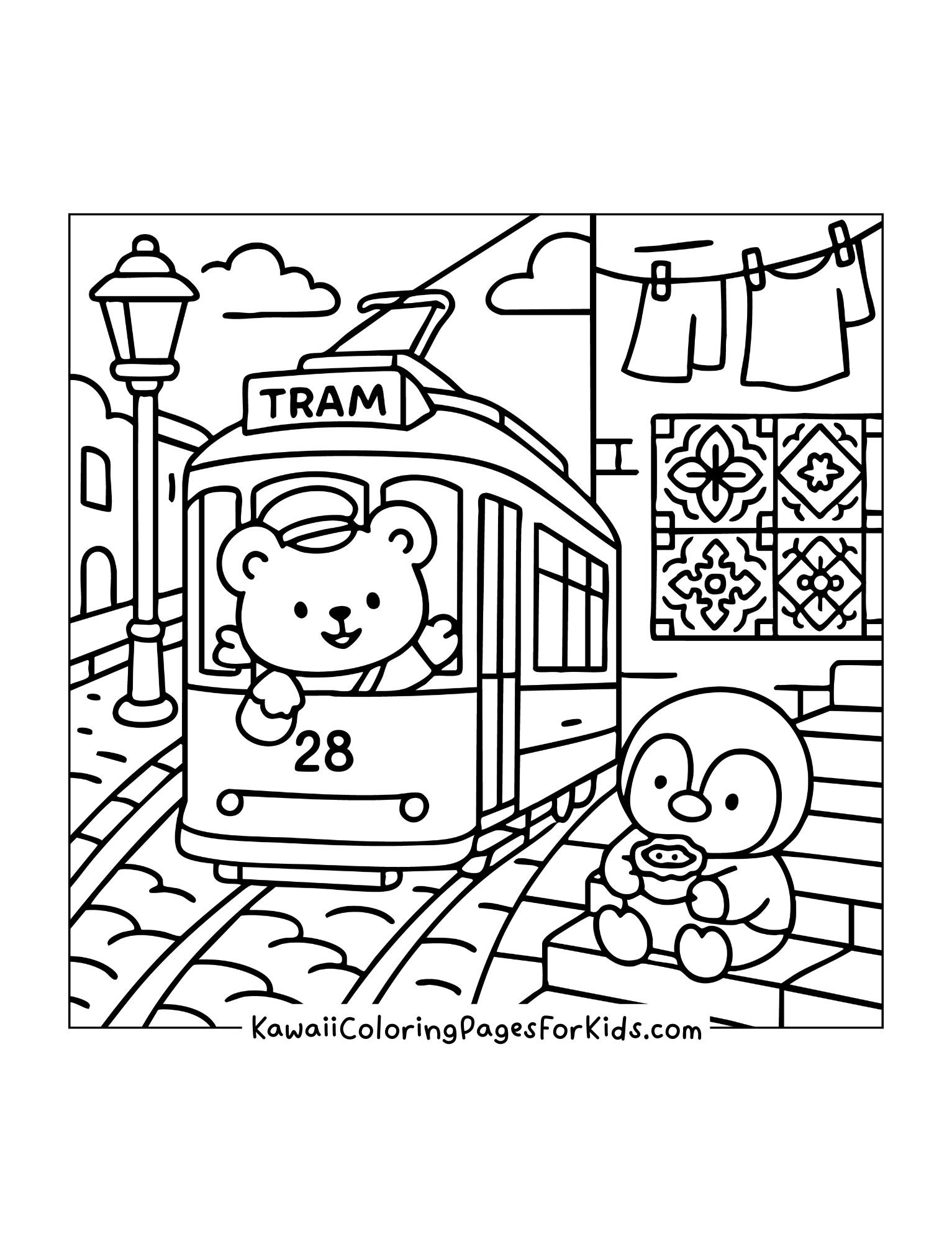 Kawaii tram coloring page with a bear conductor driving tram 28 and a penguin sitting nearby with food, tiled wall and laundry in background.
