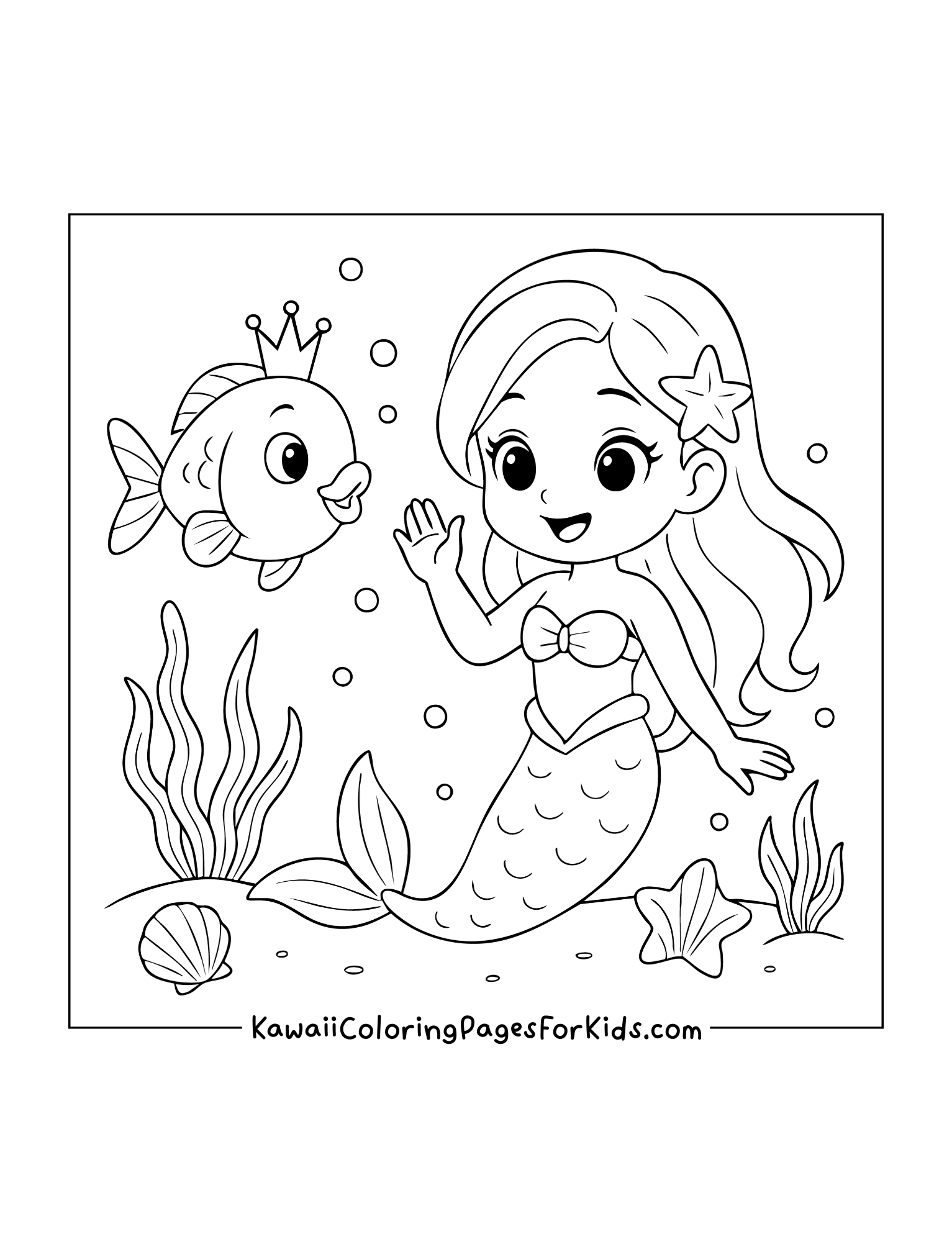 Cute mermaid coloring sheet featuring a smiling mermaid waving at a fish with a crown, surrounded by shells and seaweed.
