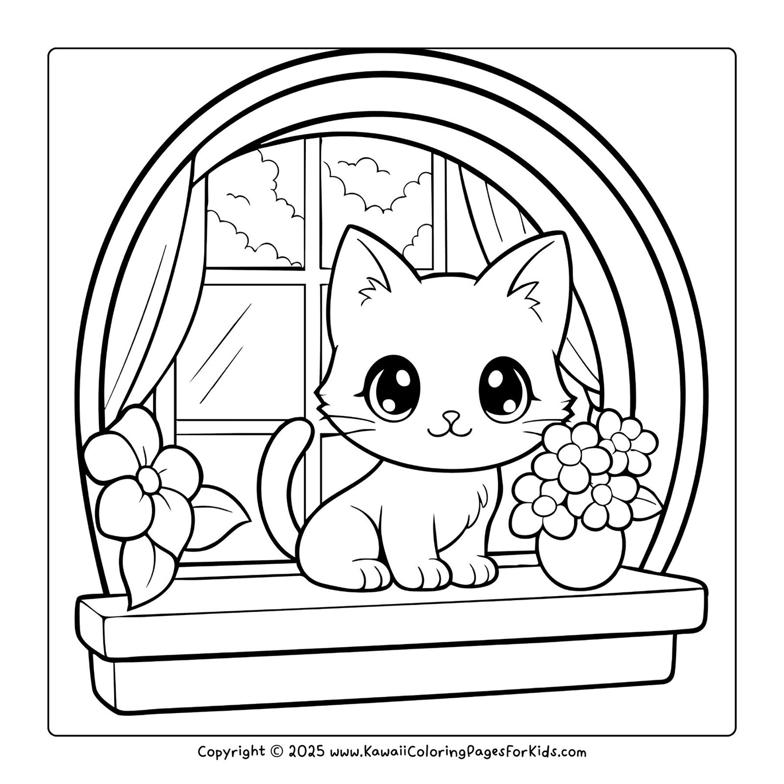 Sweet kitten sitting on a windowsill surrounded by flowers, window scene cat coloring page.