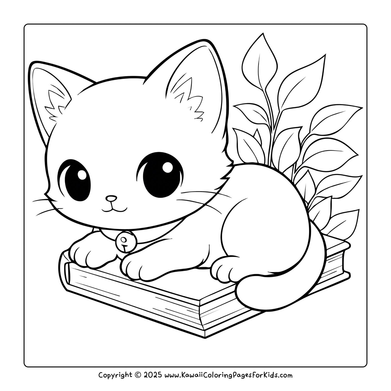 Free printable cat coloring page – kawaii kitten sitting on a book with leaves, perfect PDF coloring sheet for kids.