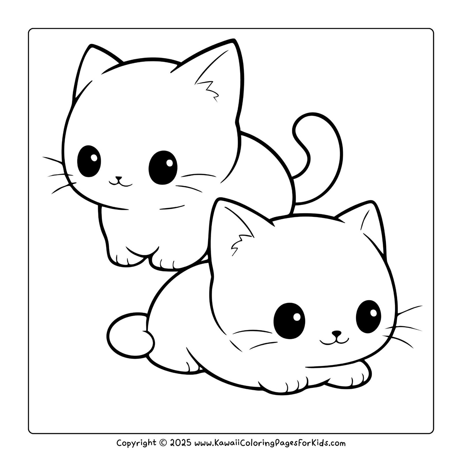 Printable kitten coloring page featuring two cute kawaii cats sitting together, perfect free PDF download for kids.