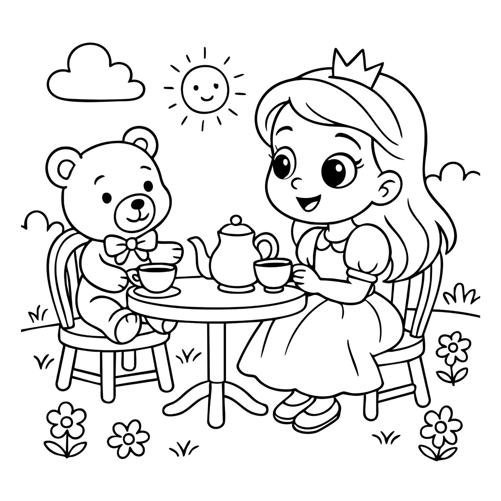 Adorable princess colouring sheet of a girl having tea party outdoors with teddy bear and flowers.