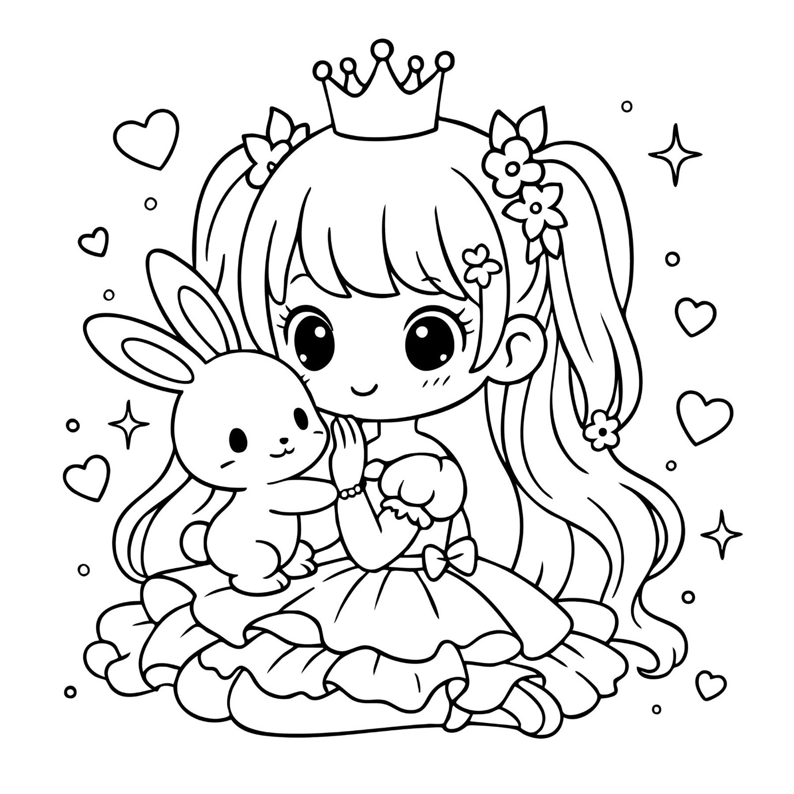 Printable kawaii princess coloring sheet featuring a little girl in gown holding a rabbit.