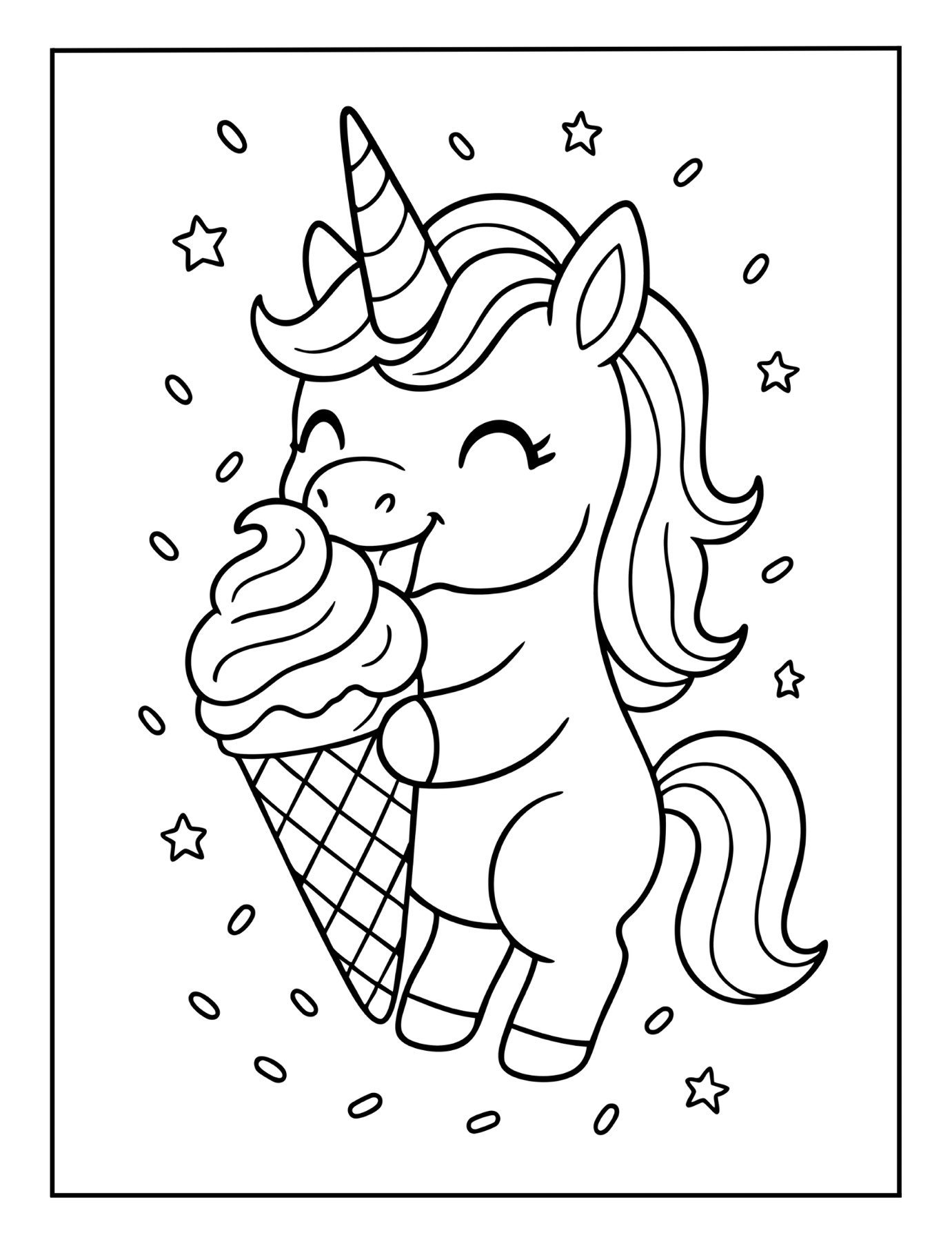 Cute unicorn coloring page of a unicorn happily eating a giant ice cream cone with sprinkles.