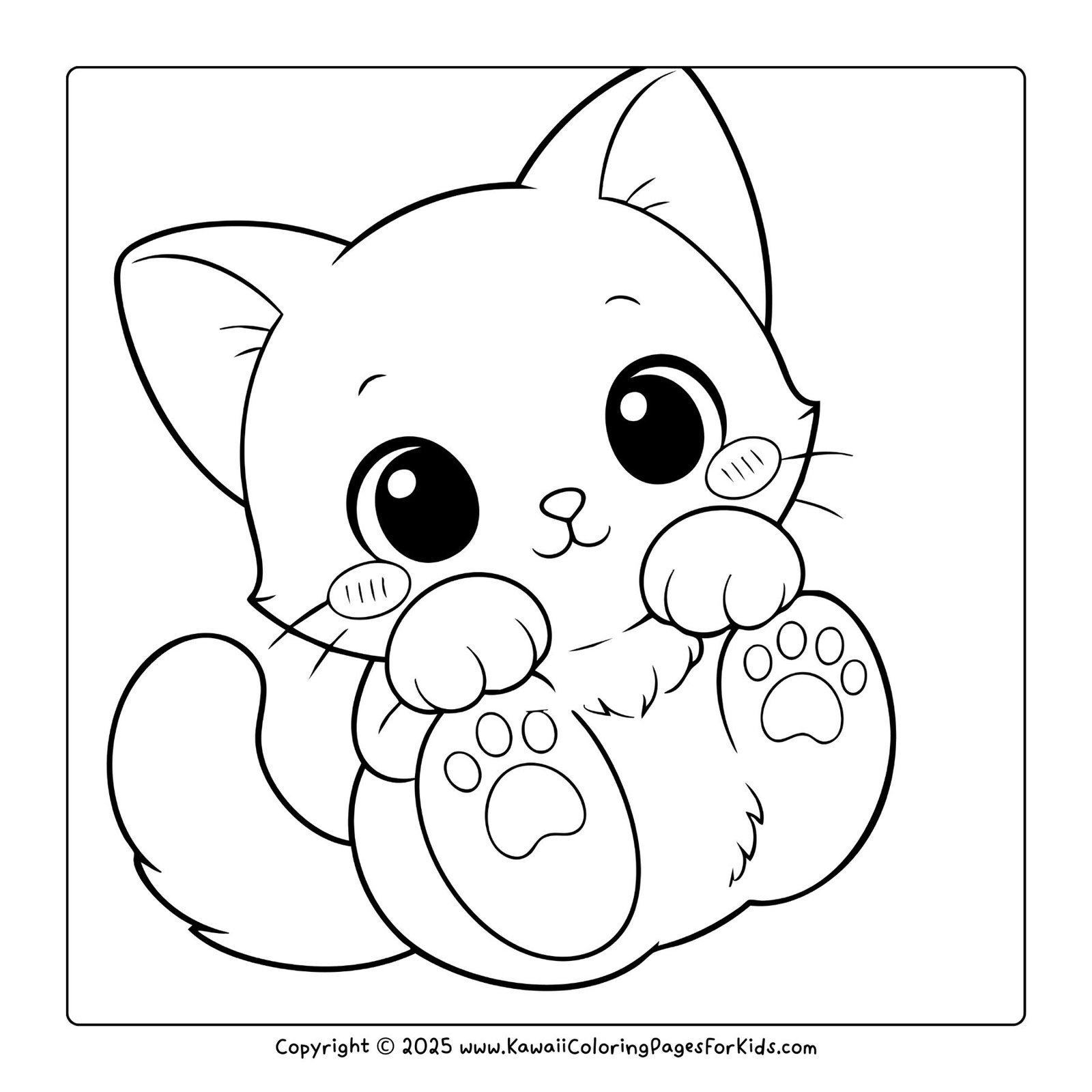Free printable cat coloring page of a kawaii kitten with big eyes, blushing cheeks, and paws up — download PDF to color.